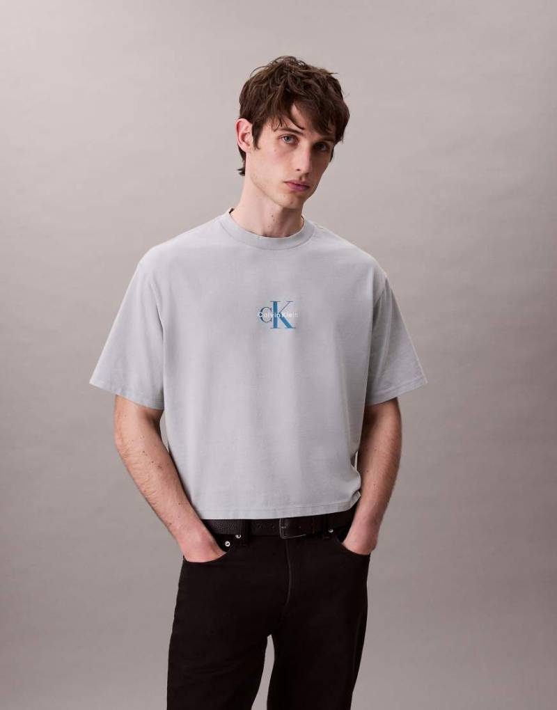 Calvin Klein Jeans - Kastiges T-Shirt in Grau mit einfarbigem Logo-Weiß Calvin Klein Jeans - Kastiges T-Shirt in Grau mit einfarbigem Logo-Weiß von Calvin Klein Jeans