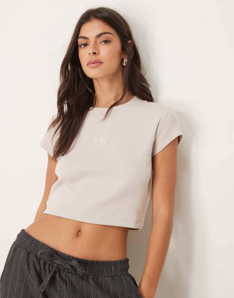 Calvin Klein Jeans - Knapp geschnittenes T-Shirt in Steingrau mit schwarz-weißem Logo von Calvin Klein Jeans