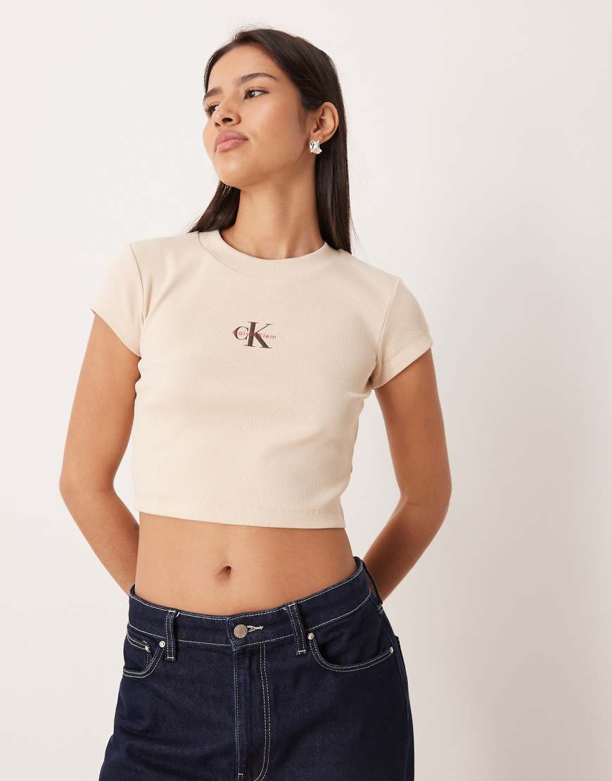 Calvin Klein Jeans - Knappes T-Shirt in Beige mit Monogramm-Logo-Neutral von Calvin Klein Jeans