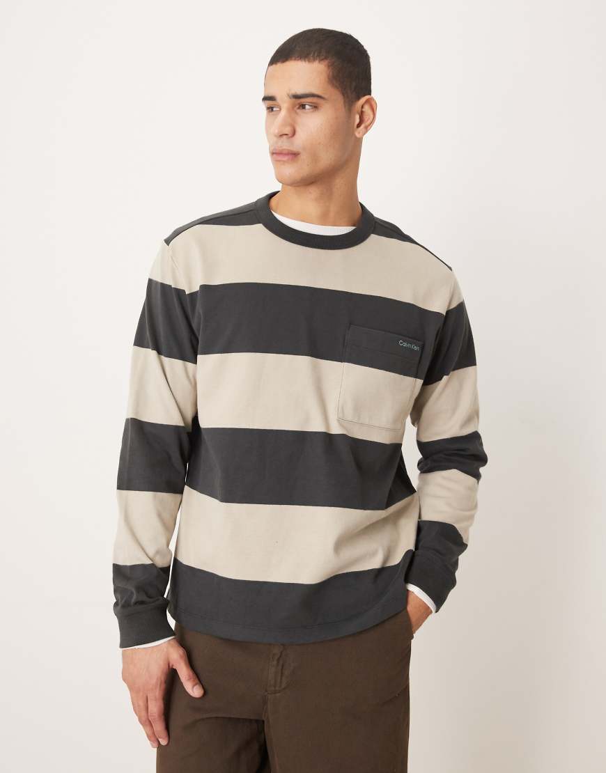 Calvin Klein Jeans - Langärmliges, gestreiftes T-Shirt in Beige und Grau von Calvin Klein Jeans