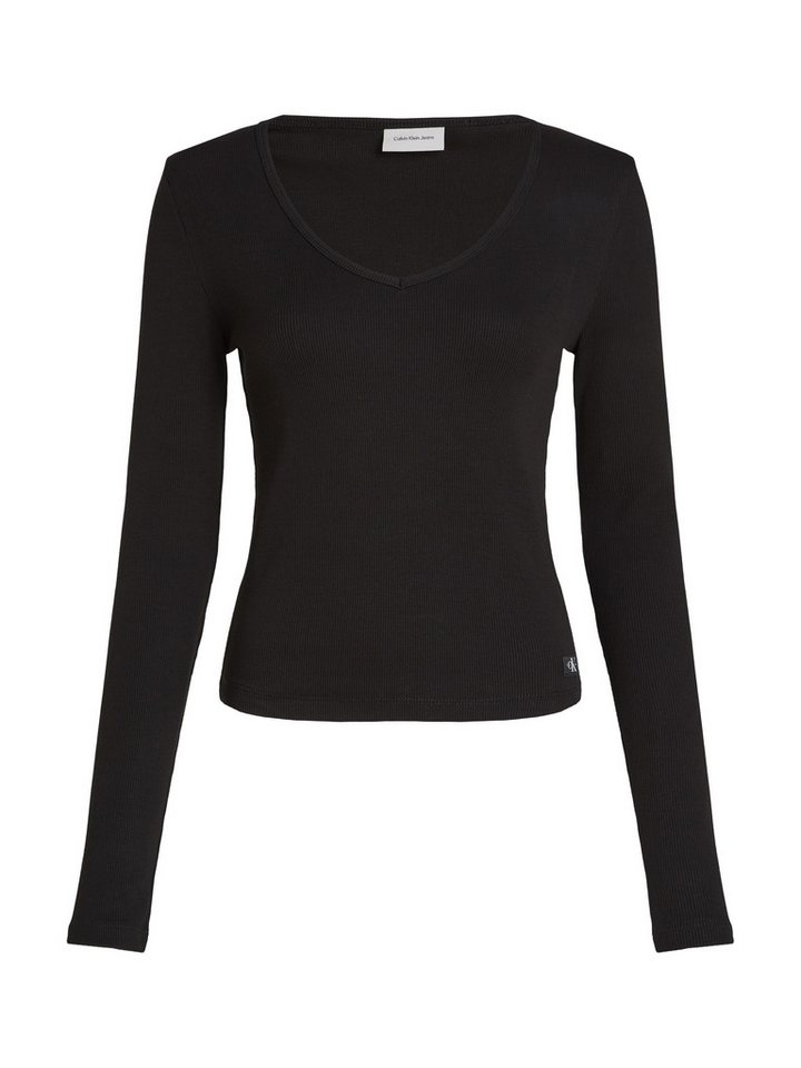 Calvin Klein Jeans Langarmshirt WOVEN LABEL RIB V-NECK LS mit Logopatch von Calvin Klein Jeans