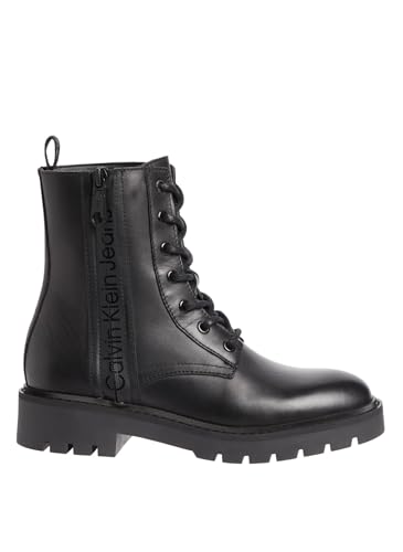 Calvin Klein Jeans Damen Mid Boot Stiefel Combat Mid Laceup Boot Zip Wn aus Leder, Schwarz (Triple Black), 37 von Calvin Klein