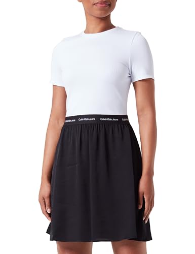Calvin Klein Jeans Women's LOGO ELASTIC SHORT SLEEVE DRESS Fit & Flare Dresses, Bright White / Ck Black, L von Calvin Klein Jeans