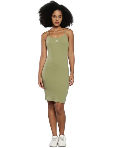 Calvin Klein Jeans Damen Kleid Rib Dress schmale Träger, Grün (Dark Juniper), L von Calvin Klein