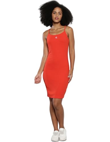 Calvin Klein Jeans Damen Kleid Rib Dress schmale Träger, Rot (Fiery Red), M von Calvin Klein