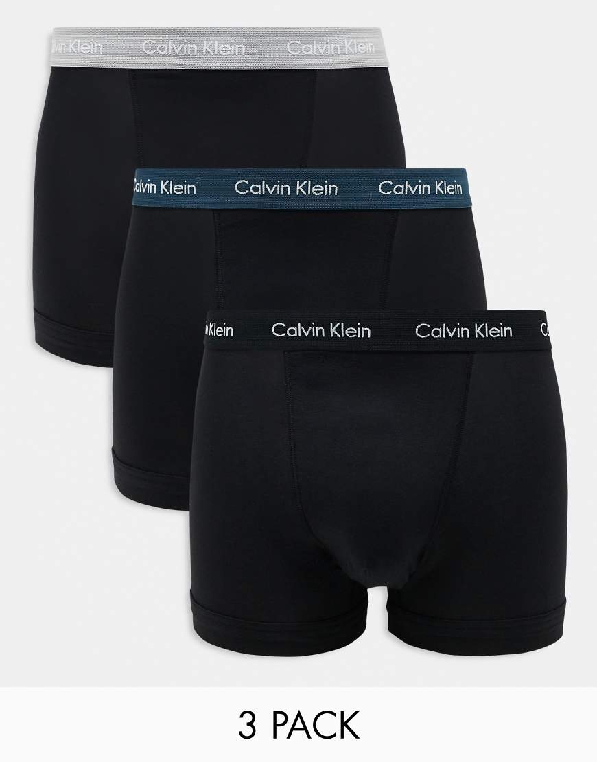 Calvin Klein - 3er-Pack Unterhosen aus Baumwoll-Stretch in Schwarz mit verschiedenfarbigem Bund in Grau/Blaugrün/Schwarz von Calvin Klein