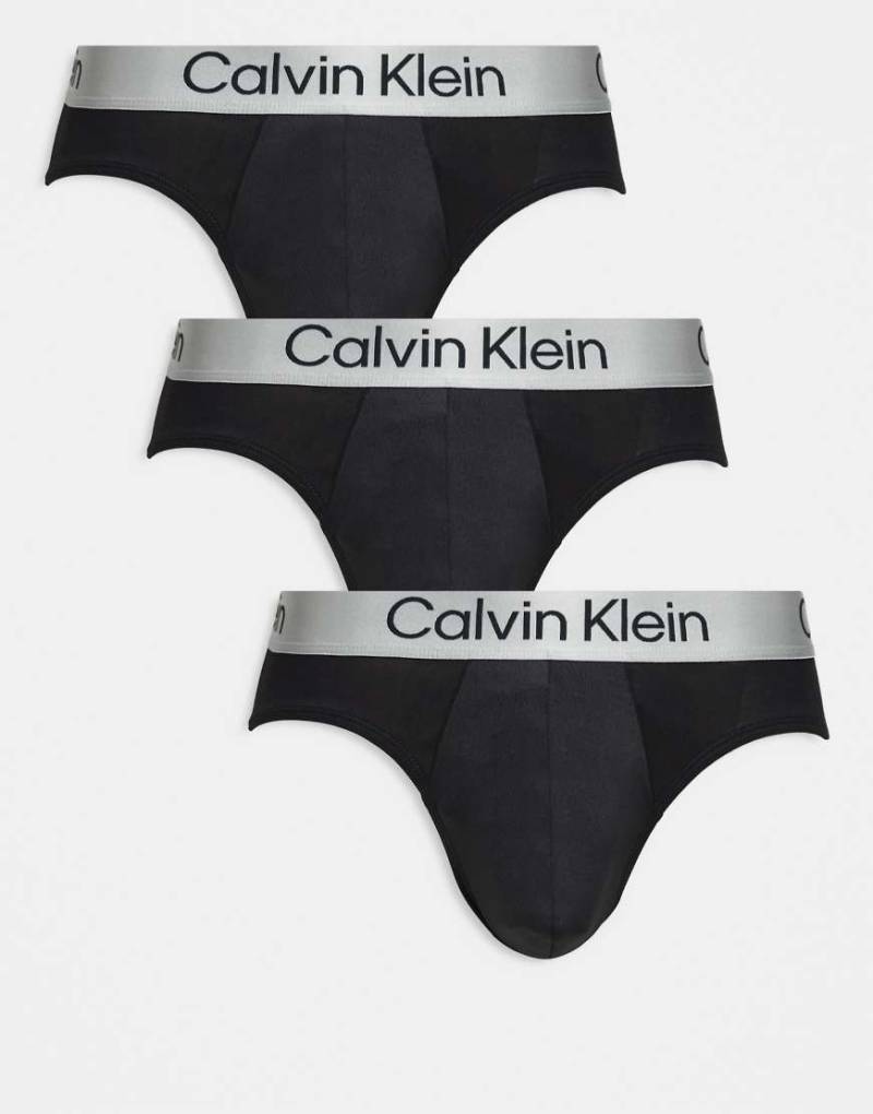 Calvin Klein - 3er-Pack elastische Mikrofaser-Slips in Schwarz mit grauem Bund von Calvin Klein