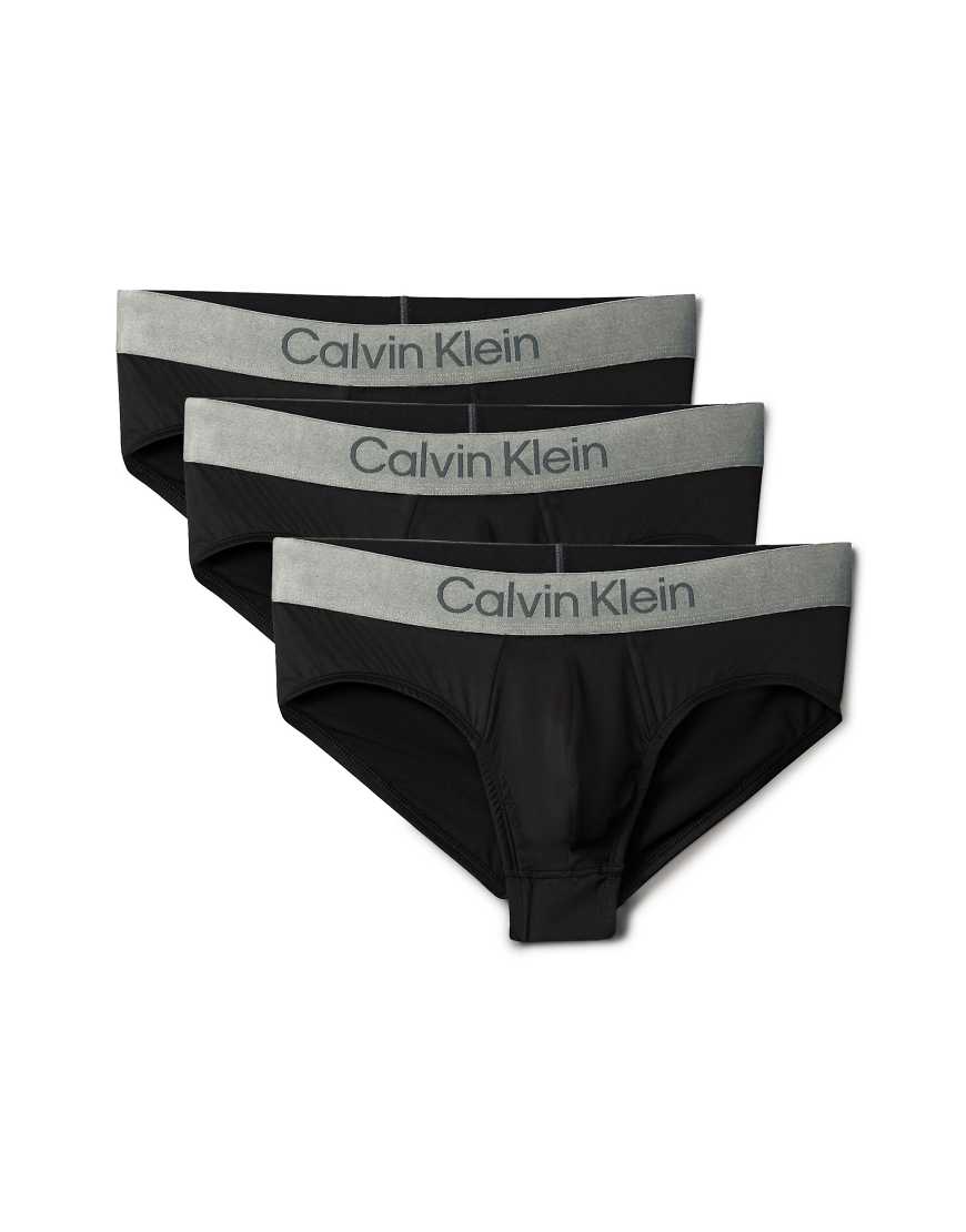 Calvin Klein - 3er-Pack elastische Mikrofaser-Slips in Schwarz mit grauem Bund von Calvin Klein
