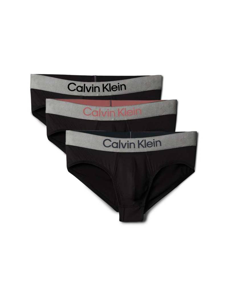 Calvin Klein - 3er-Pack elastische Mikrofaser-Slips in Schwarz mit grauem Bund von Calvin Klein