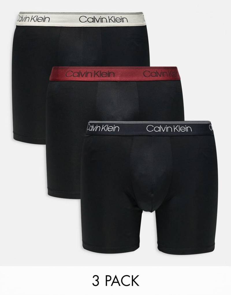 Calvin Klein - 3er-Pack eng sitzende Boxershorts aus Stretch-Mikrofaser in Schwarz mit farbigem Bund von Calvin Klein