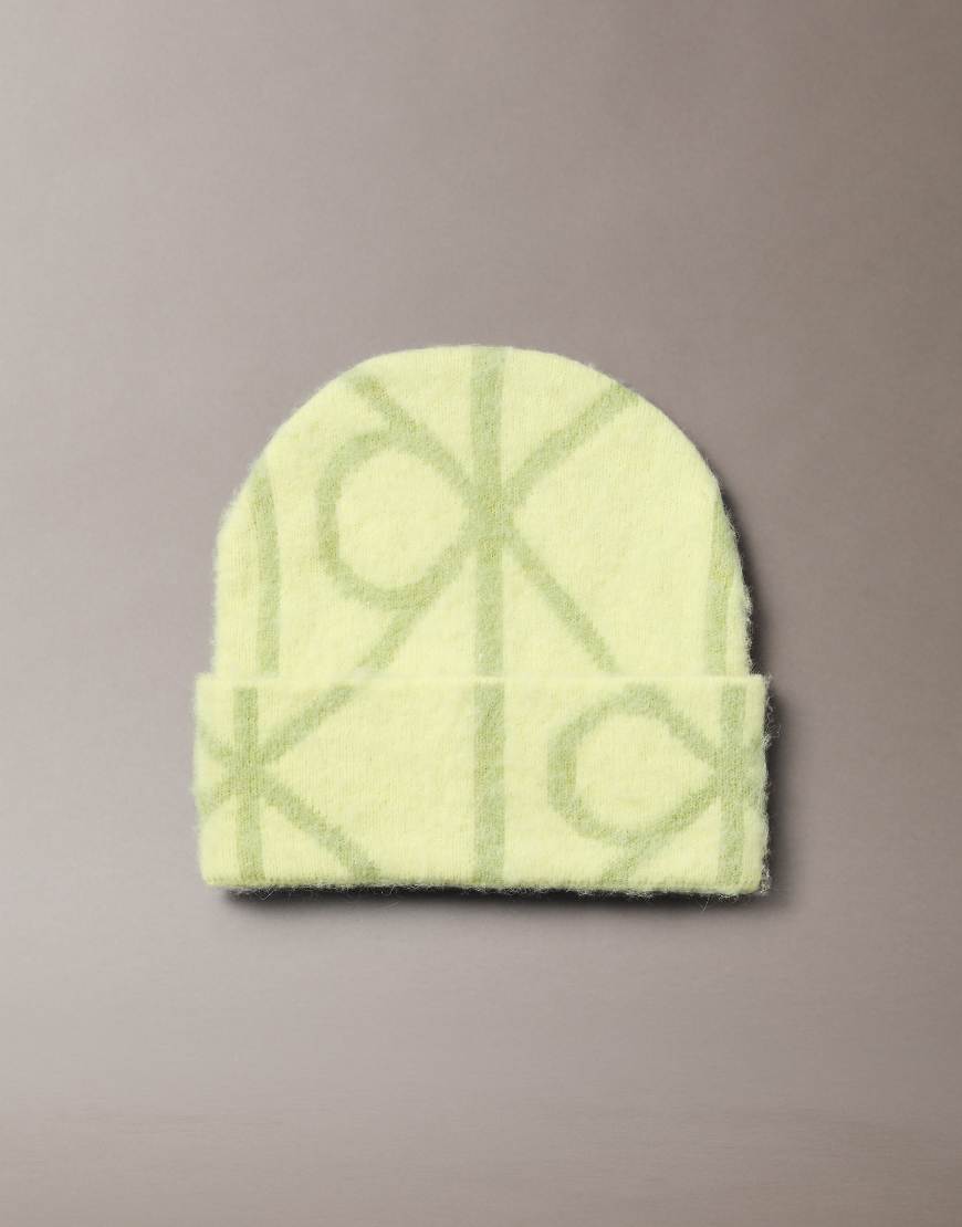 Calvin Klein - Angeraute Strickmütze in Limettengrün mit Emblem-Print von Calvin Klein