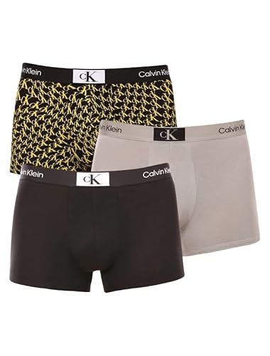 Calvin Klein Boxershorts Trunk 3 PK 000NB3528A, Bk, Auth Gry, Wrpd Lg Prnt_mrnsd Yw, Large von Calvin Klein