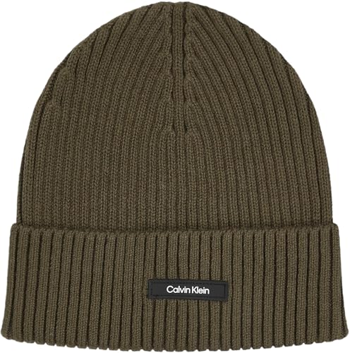 Calvin Klein Herren Strickmütze Classic Cotton Rib Beanie aus Baumwolle, Grün (Dark Olive), Einheitsgröße von Calvin Klein