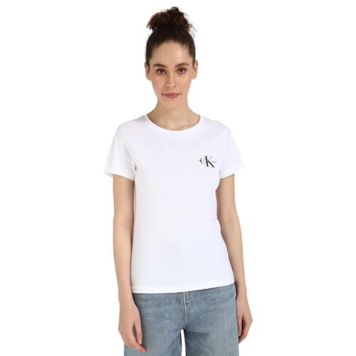 Calvin Klein Damen 2er Pack T-Shirts Kurzarm Monologo Slim Rundhalsausschnitt, Mehrfarbig (Leek Green/Bright White), XXS von Calvin Klein
