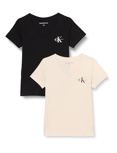 Calvin Klein Damen 2er Pack T-Shirts Kurzarm Monologo V-Ausschnitt, Mehrfarbig (Moonbeam/Ck Black), XXS von Calvin Klein