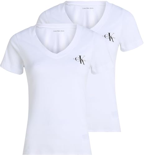 Calvin Klein Damen 2er Pack T-Shirts Kurzarm Monologo V-Ausschnitt, Weiß (Brilliant White/Brilliant White), S von Calvin Klein