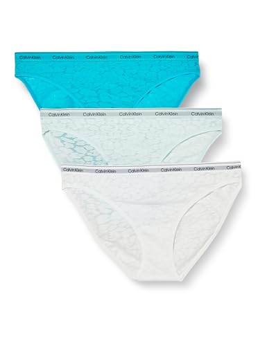 Calvin Klein Damen 3er Pack Slips Bikini Form mit Spitze, Mehrfarbig (Cool Breeze/White/Icy Moon), L von Calvin Klein