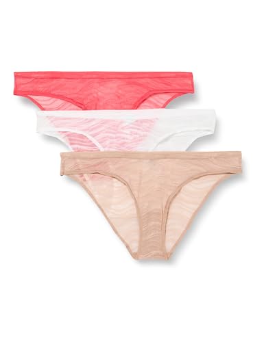 Calvin Klein Damen 3er Pack Slips Bikini Form mit Spitze, Mehrfarbig (Calypso Coral/Cedar/White), L von Calvin Klein