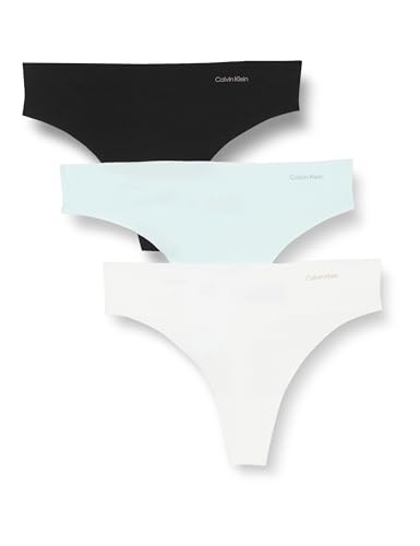 Calvin Klein Damen 3er Pack Strings Invisibles Cotton Nahtlos, Mehrfarbig (Black/White/Island Reef), L von Calvin Klein