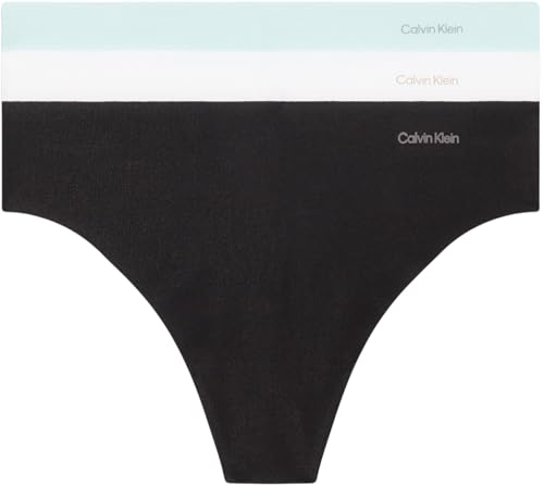 Calvin Klein Damen 3er Pack Strings Invisibles Cotton Nahtlos, Mehrfarbig (Black/White/Island Reef), L von Calvin Klein