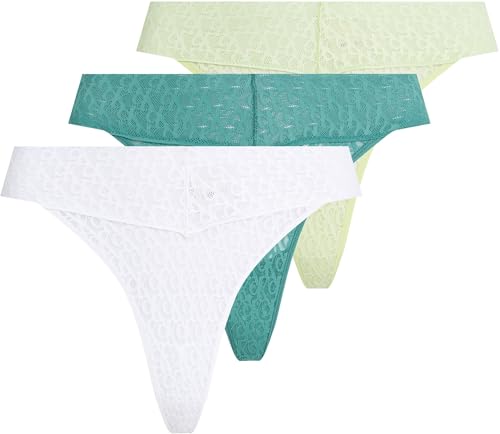 Calvin Klein Damen 3er Pack Strings Low Rise mit Spitze, Mehrfarbig (White/Highline Green/Lively Teal), L von Calvin Klein