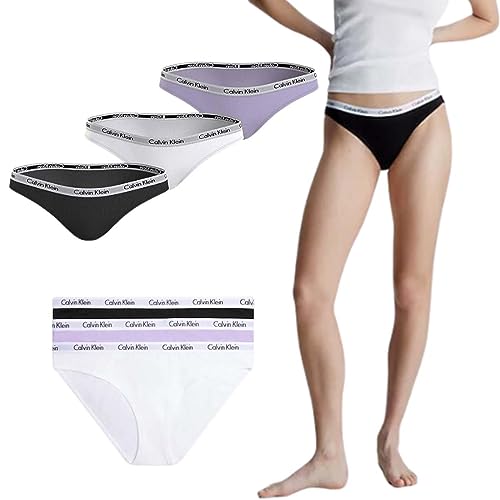 Calvin Klein Damen 3er Pack Slips Bikini Form Baumwolle mit Stretch, Mehrfarbig (Black/White/Pastel Lilac), XS von Calvin Klein