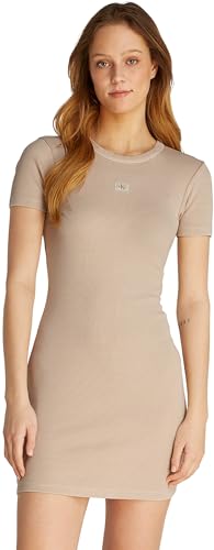 Calvin Klein Damen Bodycon Kleid Washed Woven Label Rib Kurz, Beige (Brazilian Sand), XS von Calvin Klein