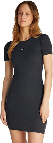 Calvin Klein Damen Bodycon Kleid Washed Woven Label Rib Kurz, Grau (Washed Black), XXL von Calvin Klein