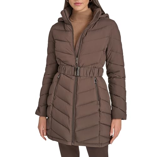 Calvin Klein Damen Langärmeliger Puffermantel mit Kapuze und Reißverschluss Vorne Jacke, Mulch, M von Calvin Klein