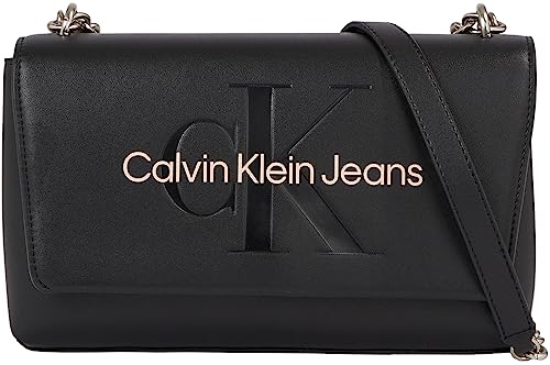 Calvin Klein Jeans Damen Tasche Sculpted Flap Mono Klein, Schwarz (Black With Rose), Onesize von Calvin Klein