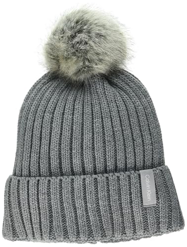 Calvin Klein Damen Faux Fur Pom Knit Cold Weather Super Soft Hat Beanie-Mütze, Heather Mid Grey, Einheitsgröße von Calvin Klein