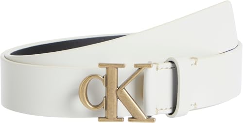 Calvin Klein Damen Gürtel Monogram Plaque Buckle 3,0 cm Ledergürtel, Elfenbein (Silver Birch/Tumbled Gold), 135 cm von Calvin Klein