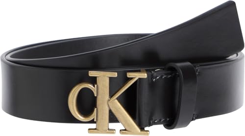 Calvin Klein Damen Gürtel Monogram Plaque Buckle 3,0 cm Ledergürtel, Schwarz (Black/Tumbled Gold), 120 cm von Calvin Klein