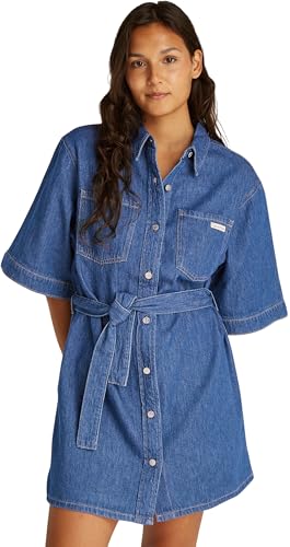 Calvin Klein Damen Hemdkleid Linen Boxy Belted Denim, Blau (Denim Medium), 3XL von Calvin Klein
