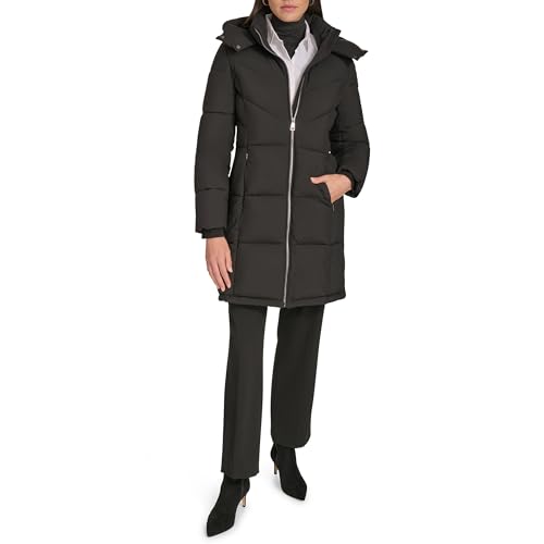 Calvin Klein Damen Langärmeliger Puffermantel mit Kapuze und Reißverschluss Vorne Jacke, Ebenholz, XS von Calvin Klein