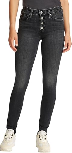 Calvin Klein Damen Jeans Hose Mid Rise Skinny mit Knopfleiste, Schwarz (Denim Black), 30W/29L von Calvin Klein