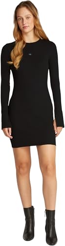 Calvin Klein Damen Kleid Woven Label Rib Short Dress Langarm, Schwarz (Ck Black), 3XL von Calvin Klein