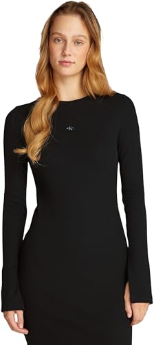 Calvin Klein Damen Kleid Woven Label Rib Short Dress Langarm, Schwarz (Ck Black), XXL von Calvin Klein