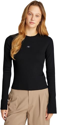 Calvin Klein Damen Langarmshirt Woven Label Rib Top Slim Fit, Schwarz (Ck Black), M von Calvin Klein