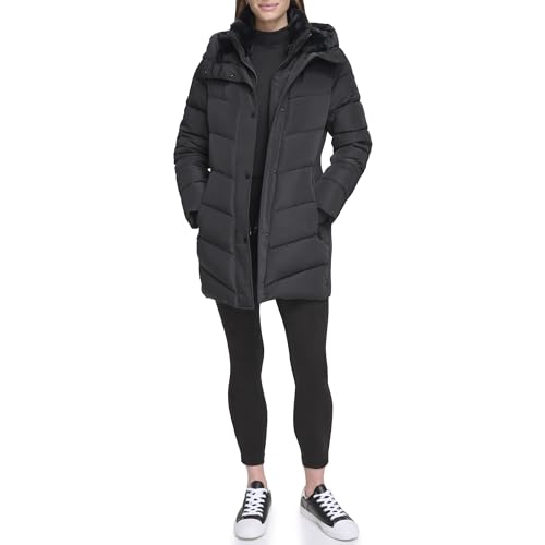 Calvin Klein Damen Lange Pufferjacke mit Latzvorderseite, Schwarz, M von Calvin Klein