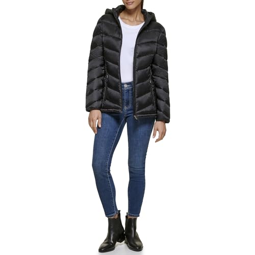 Calvin Klein Damen Leichte Pufferjacke mit Kapuze Daunenmantel, Ebenholz, L von Calvin Klein