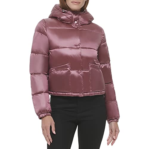 Calvin Klein Damen Leichter, kurzer Puffer mit Kapuze und Druckknöpfen Daunenmantel, Perlglanz-Himbeerewein, M von Calvin Klein