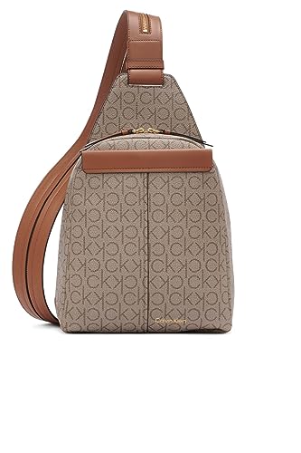 Calvin Klein Damen Millie for Women – Vegan Leather Monogram Backpack, 2 Pockets Myra Convertible Sling Rucksack, Mandel/Taupe/Karamell, Einheitsgröße von Calvin Klein