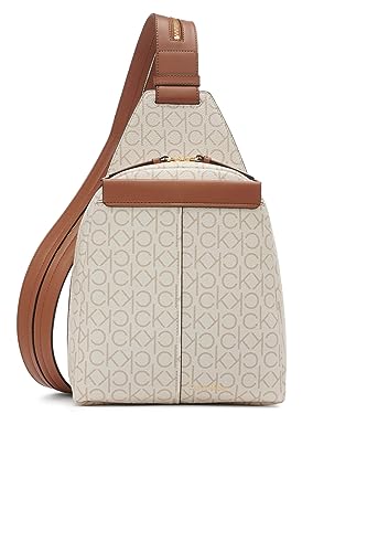 Calvin Klein Damen Millie for Women – Vegan Leather Monogram Backpack, 2 Pockets Myra Convertible Sling Rucksack, Vanille/Khaki/Karamell, Einheitsgröße von Calvin Klein