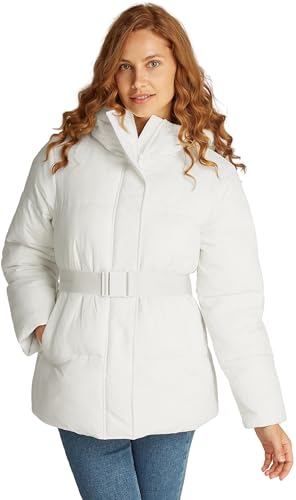 Calvin Klein Damen Pufferjacke Logo Belt Short Puffer mit Gürtel, Weiß (Ivory), L von Calvin Klein