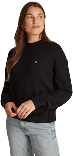 Calvin Klein Damen Pullover Monogram Embro Crewneck Sweater Baumwolle, Schwarz (Ck Black), L von Calvin Klein