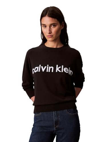 Calvin Klein Damen-Pullover mit Stehkragen und Logo, Schwarz, M von Calvin Klein