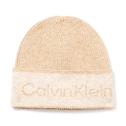 Calvin Klein Damen Soft Logo Cold Weather Birdseye Hat Beanie-Mütze, Melierte Mandel, Einheitsgröße von Calvin Klein