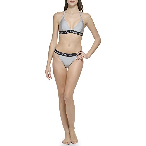 Calvin Klein Damen Standard Triangel BH Top Abnehmbare Weiche Cups Mid-Rise Bottom 2-teiliges Set, Platin Schimmer, Medium von Calvin Klein