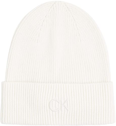 Calvin Klein Damen Strickmütze Embroidery Fine Rib Beanie Warm, Weiß (Lily White), Einheitsgröße von Calvin Klein